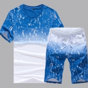 Lovely Men Casual O Neck Print Skyblue Two-piece S