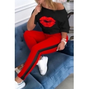 Lovely Casual Lip Print Red Loungewear