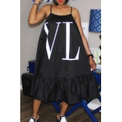 Lovely Casual Letter Fold Design Black Knee Length