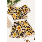 lovely Sweet Floral Print Yellow Girl Two-piece Sk