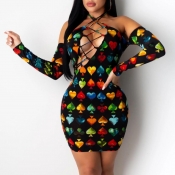 lovely Trendy Print Hollow-out Black Mini Dress