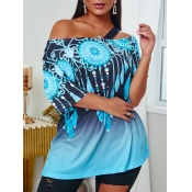 lovely Casual O Neck Print Blue Blouse