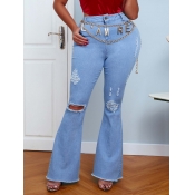 lovely Casual Broken Holes Baby Blue Jeans (With H