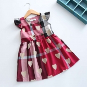 lovely Sweet O Neck Heart Print Red Girl Mini Dres