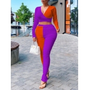 Lovely Street V Neck Patchwork Purple Plus Size Tw