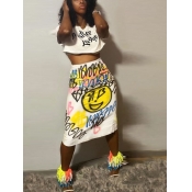 lovely Casual O Neck Letter Print White Two Piece 