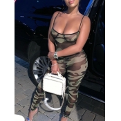 lovely Sexy Camo Print See-through Army Green One-
