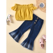 lovely Casual Fold Design Yellow Girl Two-piece Pa