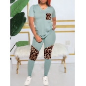lovely Casual V Neck Print Patchwork Blue Two Piec