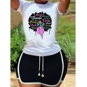 lovely Sportswear O Neck Print White Two Piece Sho