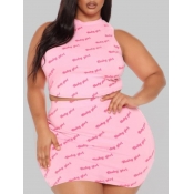 lovely Casual Letter Print Pink Plus Size Two-piec