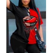 LW Casual O Neck Print Black T-shirt (Without Bag)