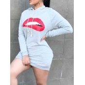 lovely Sportswear Hooded Collar Lip Print Light Gr
