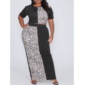 lovely Trendy O Neck Patchwork Black Plus Size Two