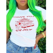 Lovely Plus Size Casual O Neck Print White T-shirt