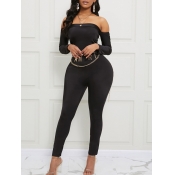Lovely Stylish Dew Shoulder Black One-piece Jumpsu