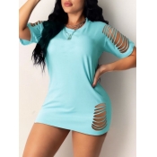 Lovely Leisure O Neck Hollow-out Skyblue Mini Dres