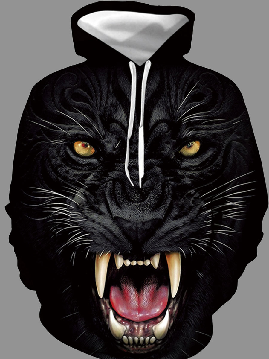 

lovely Stylish Hooded Collar Animal Print Carbon Black Hoodie