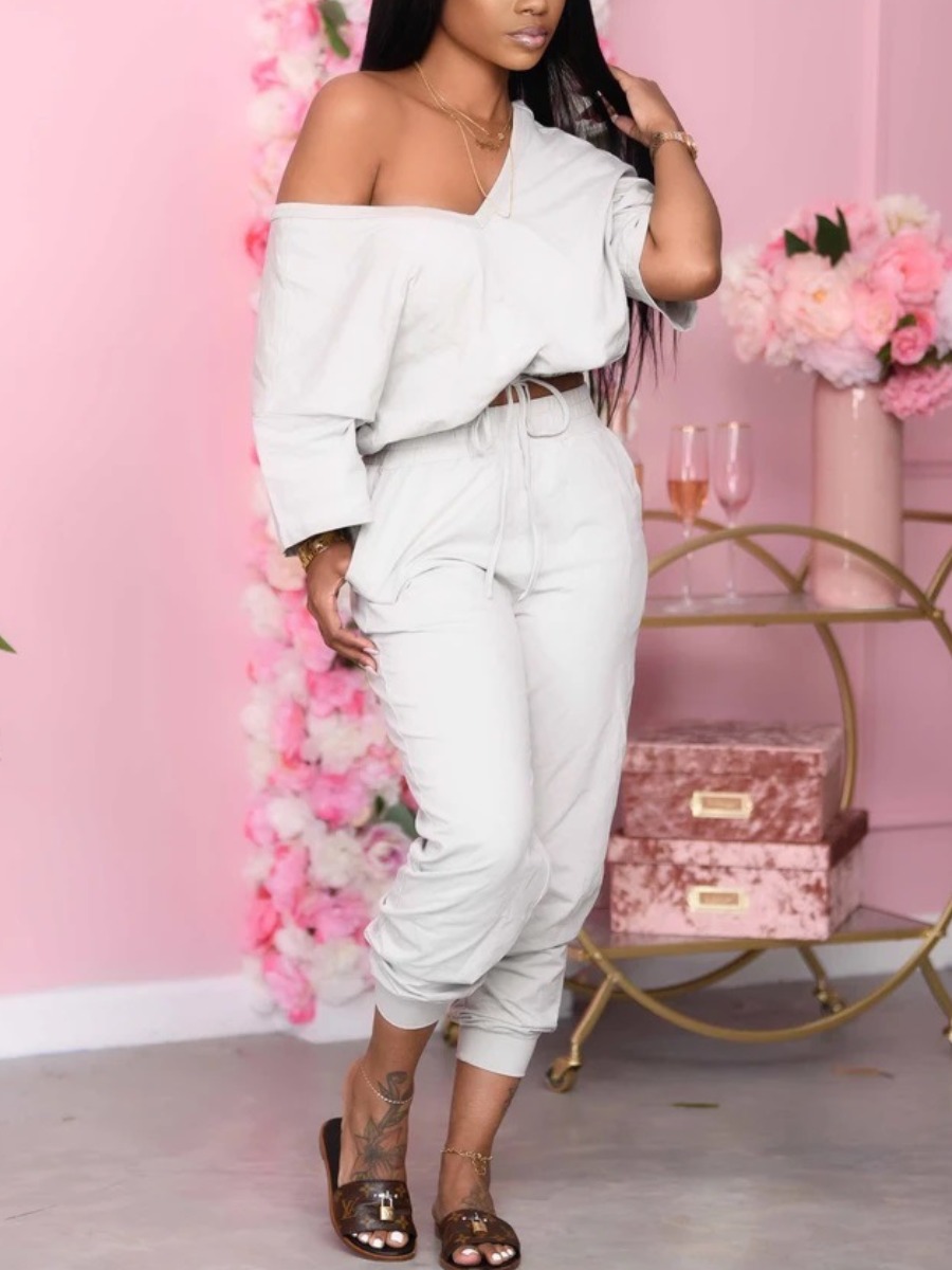 

lovely Casual V Neck Basic White Two Piece Pants Set