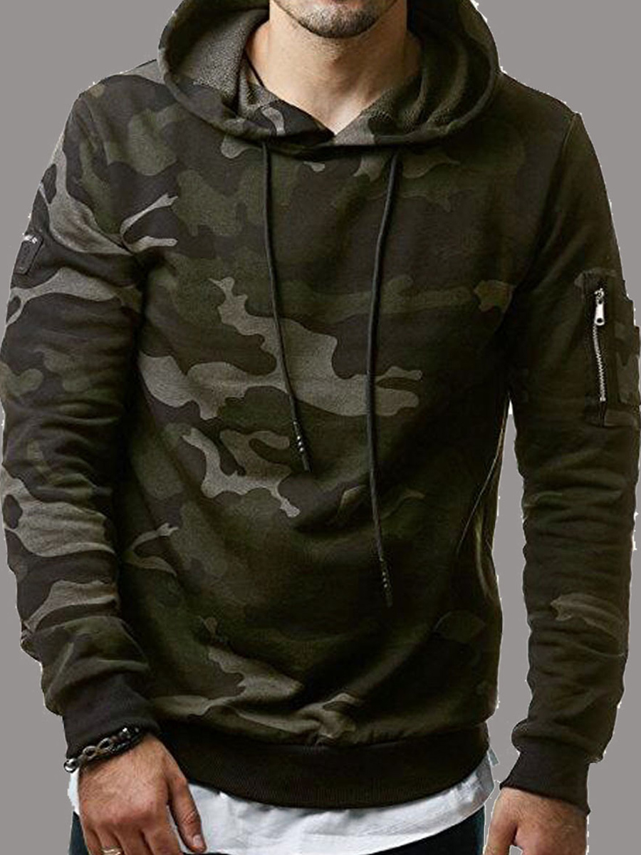 LovelyWholesale Men Hooded Collar Camo Print Hoodie Fall Long Sleeve Casual Drawstring Hooded Collar Spring Summer 2024