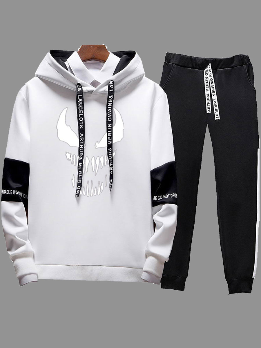 

lovely Street Hooded Collar Print Patchwork White Two-piece Pants Set