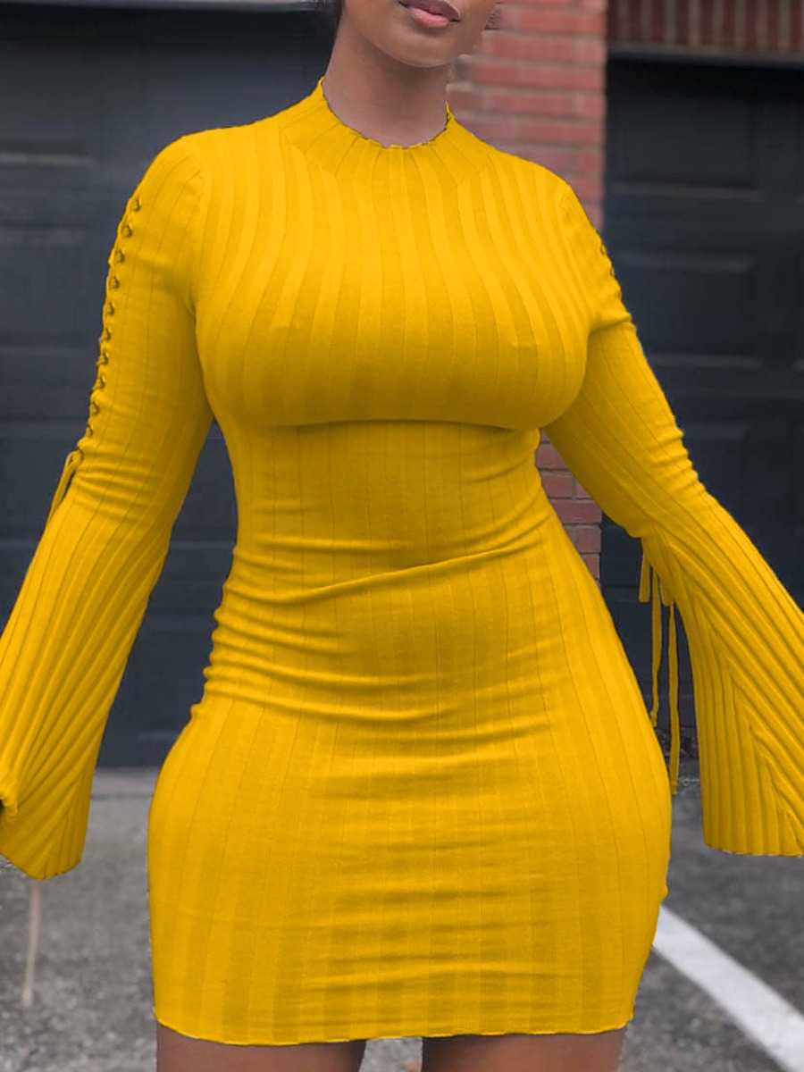 

lovely Trendy O Neck Striped Yellow Mini Dress
