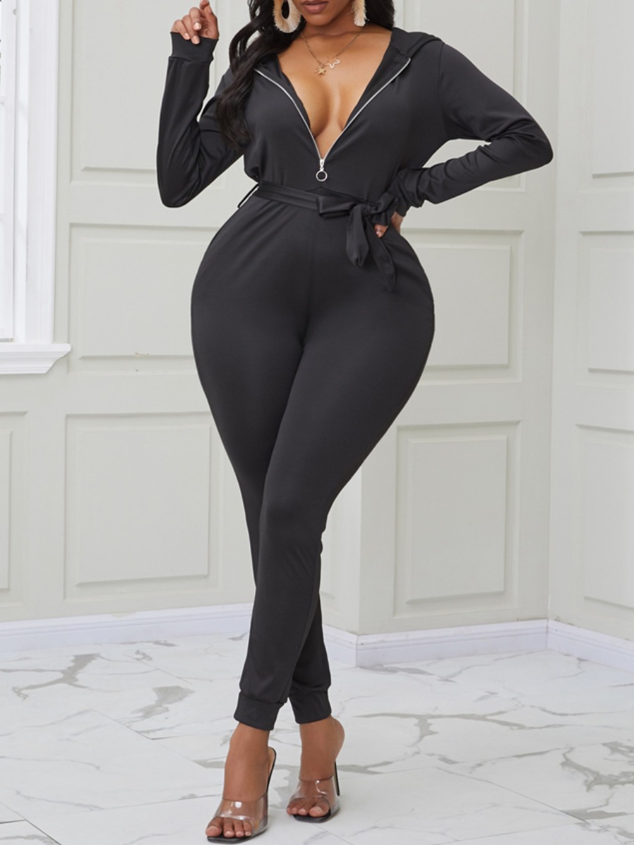 

lovely Sportswear Hooded Collar Zipper Design Black One-piece Jumpsuit