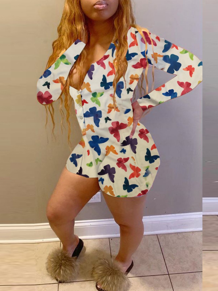

lovely Trendy V Neck Butterfly Print White One-piece Romper
