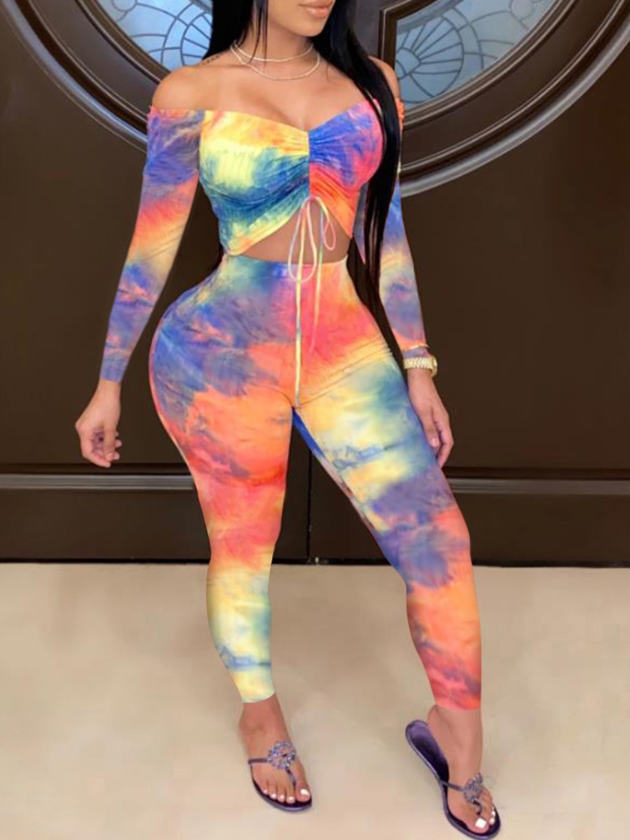 

lovely Street Dew Shoulder Tie-dye Blue One-piece Jumpsuit