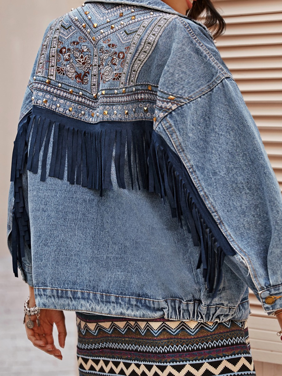 

lovely Street Turndown Collar Tassel Design Blue Denim Jacket