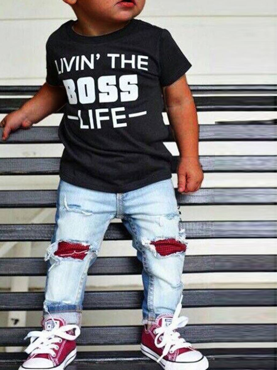 

lovely Casual O Neck Letter Print Black Boy Two-piece Pants Set