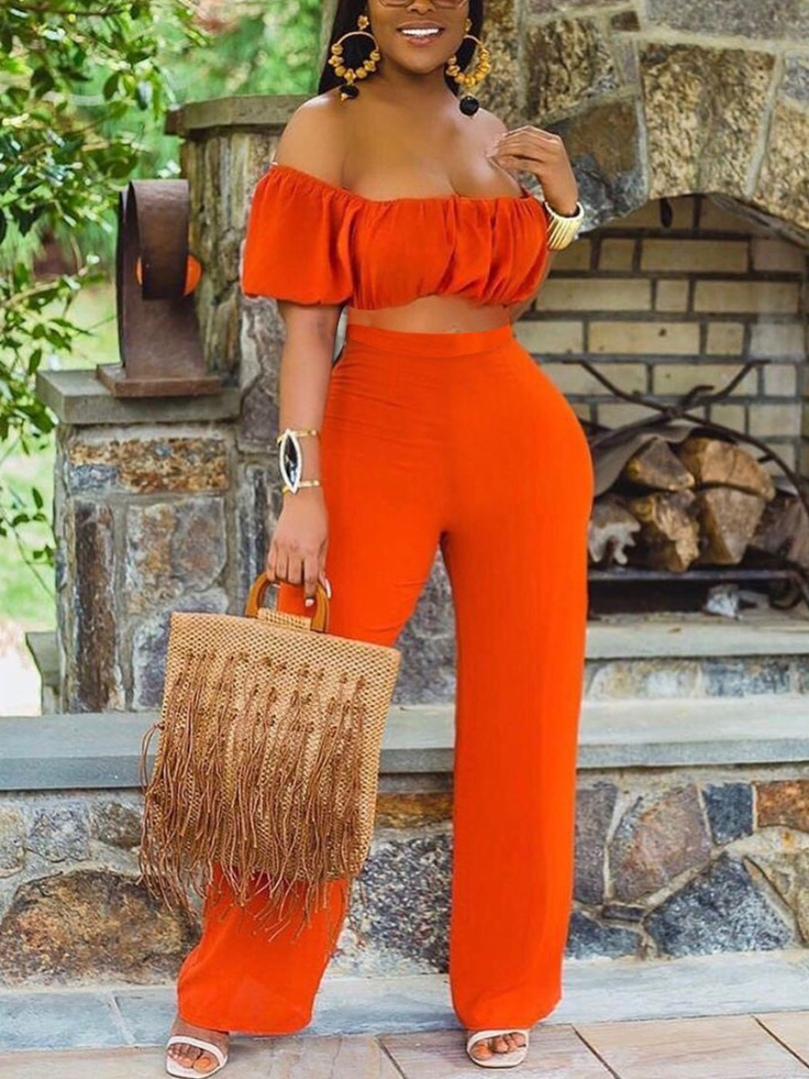 

lovely Trendy Dew Shoulder Fold Design Jacinth Two Piece Pants Set