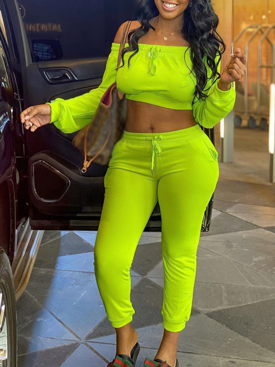 

lovely Stylish Dew Shoulder Drawstring Green Two Piece Pants Set