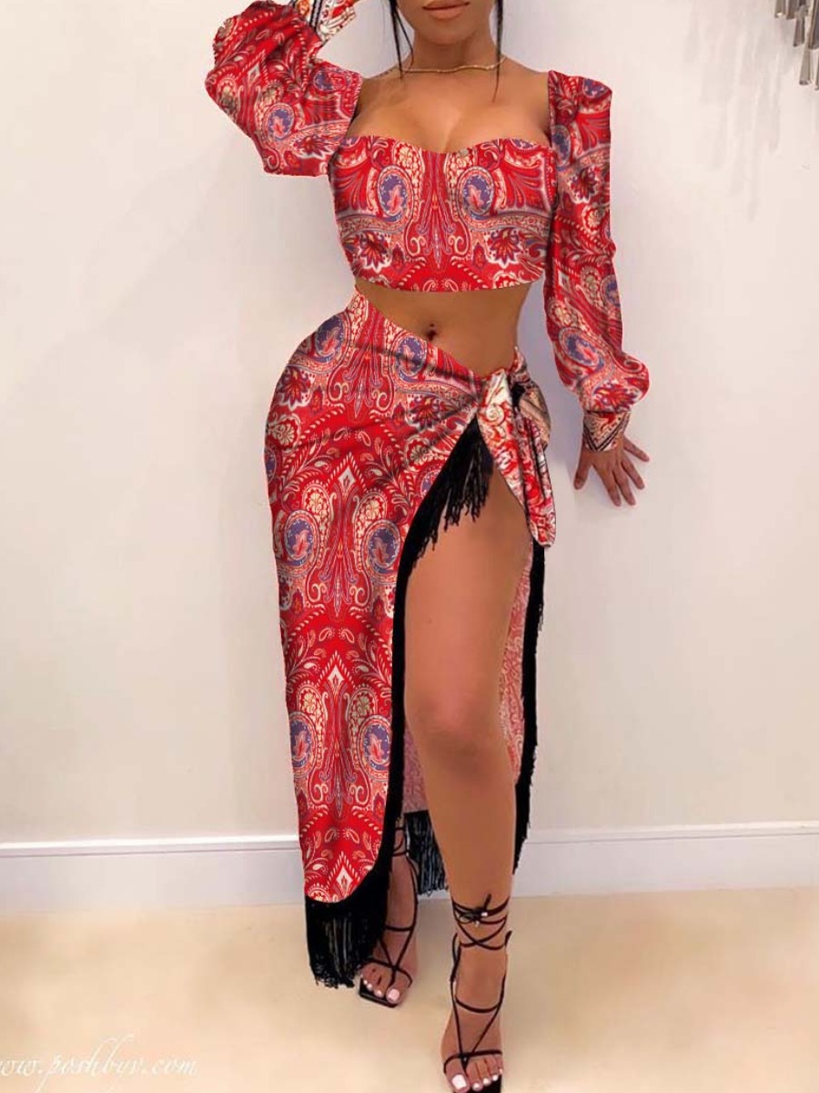 

lovely Stylish Print Tassel Design Red Two Piece Skirt Set