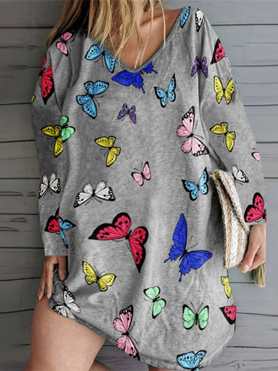 

lovely Street V Neck Butterfly Print Grey Mini Plus Size Dress