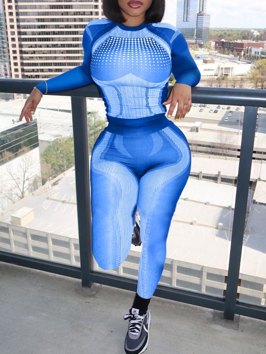 

Lovely Sportswear Print Patchwork Blue Two Piece Pants Set