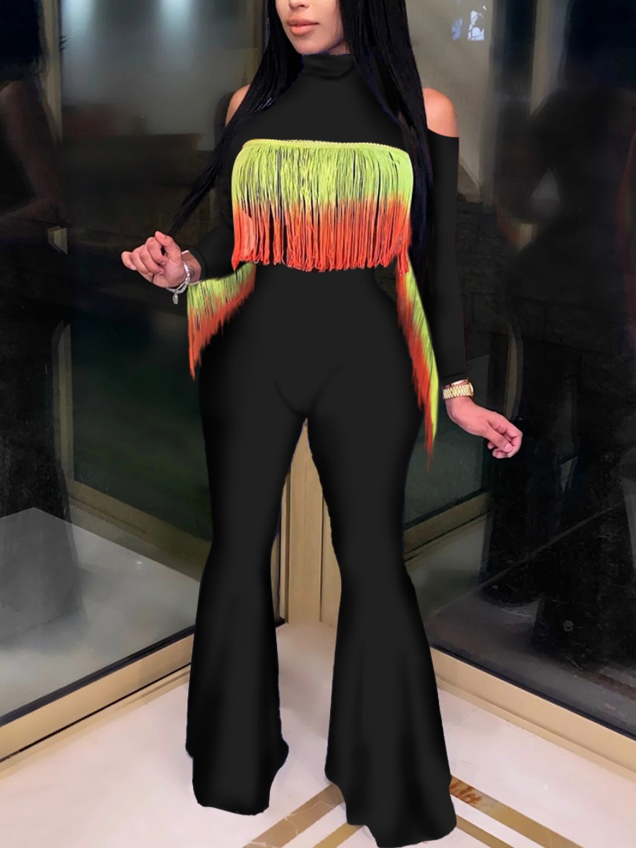 

lovely Trendy Hollow-out Tassel Design Black One-piece Jumpsuit