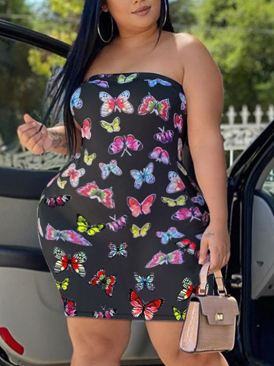 

lovely Sexy Dew Shoulder Butterfly Print Black Mini Plus Size Dress