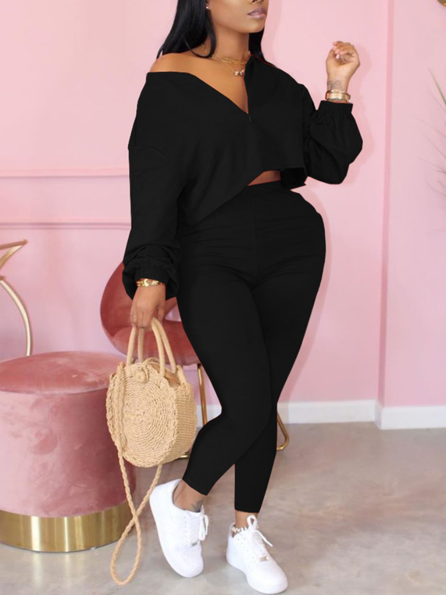 

lovely Casual Zipper Design Black Plus Size Two-piece Pants Set