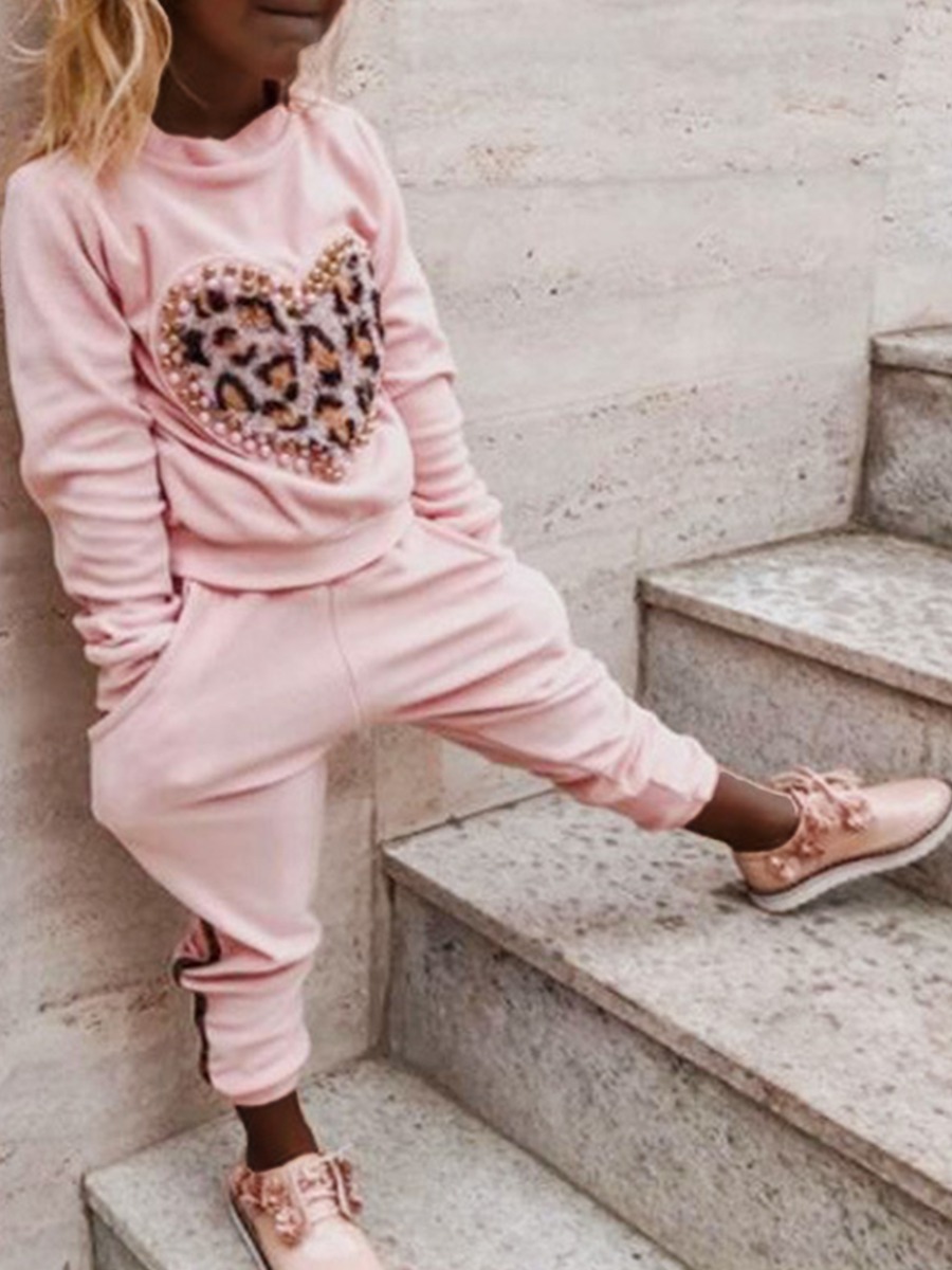 

lovely Casual O Neck Print Pink Girl Two-piece Pants Set
