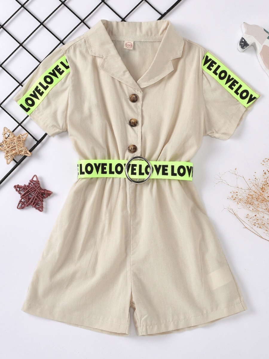 

lovely Trendy Turndown Collar Letter Patchwork Apricot Girl One-piece Romper