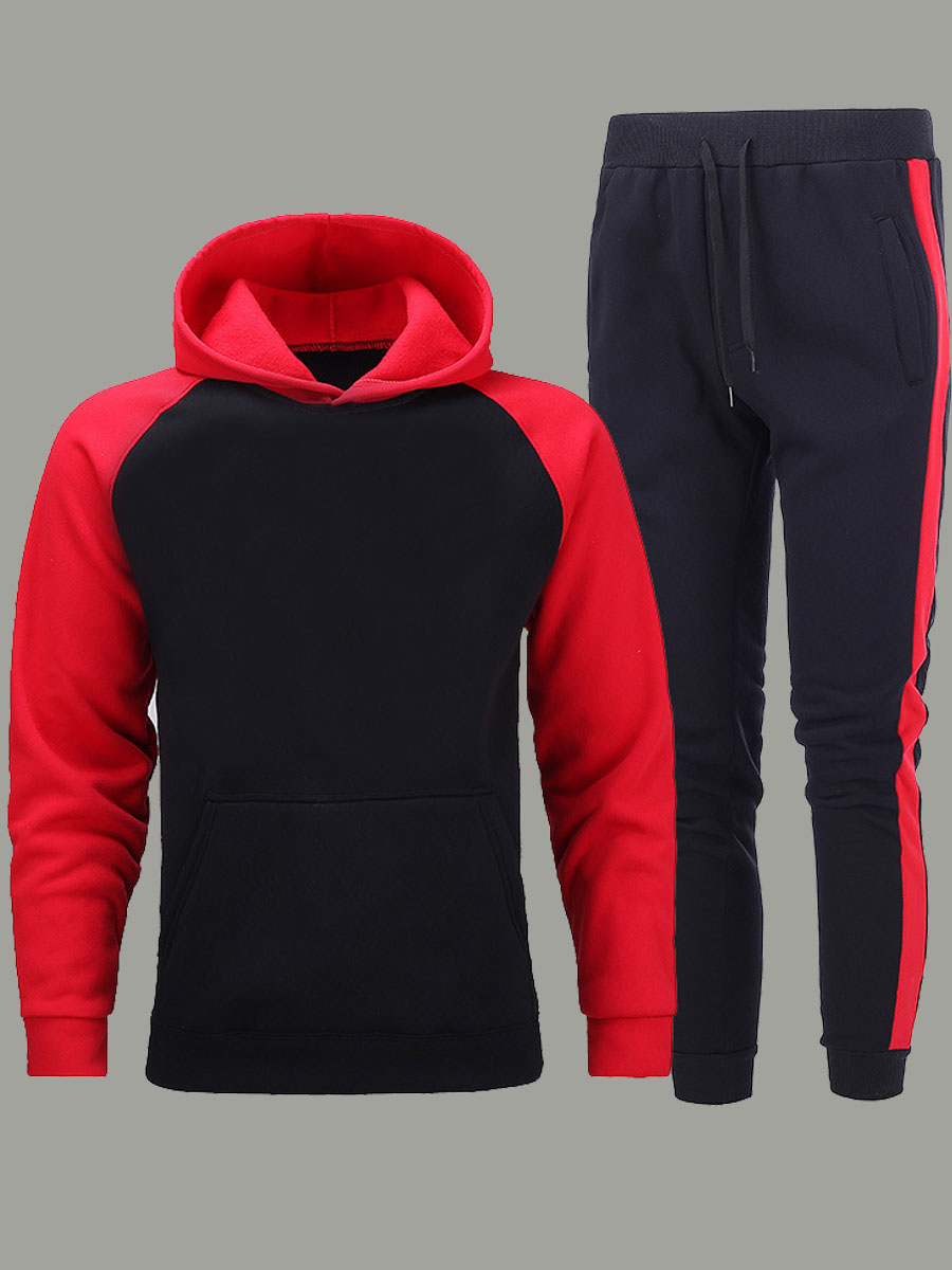 

lovely Leisure Hooded Collar Patchwork Red Men Two-piece Pants Set