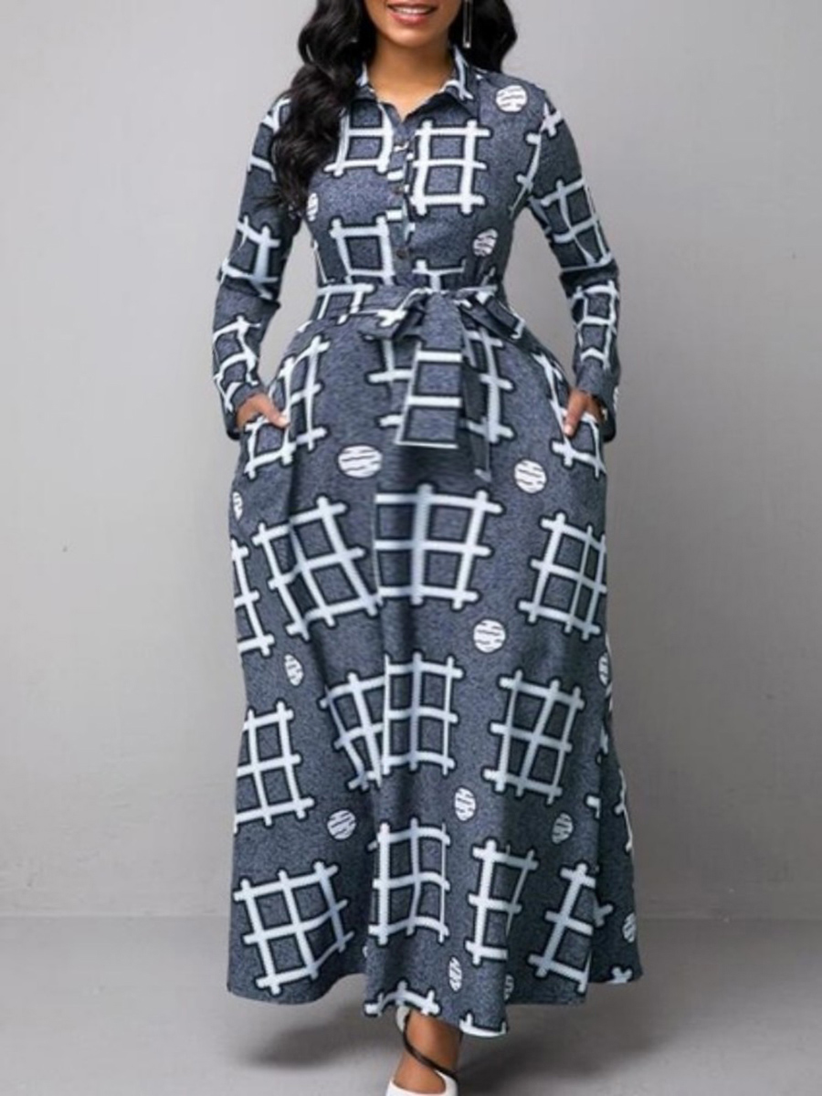 

Lovely Trendy Turndown Collar Print Grey Ankle Length Plus Size Dress