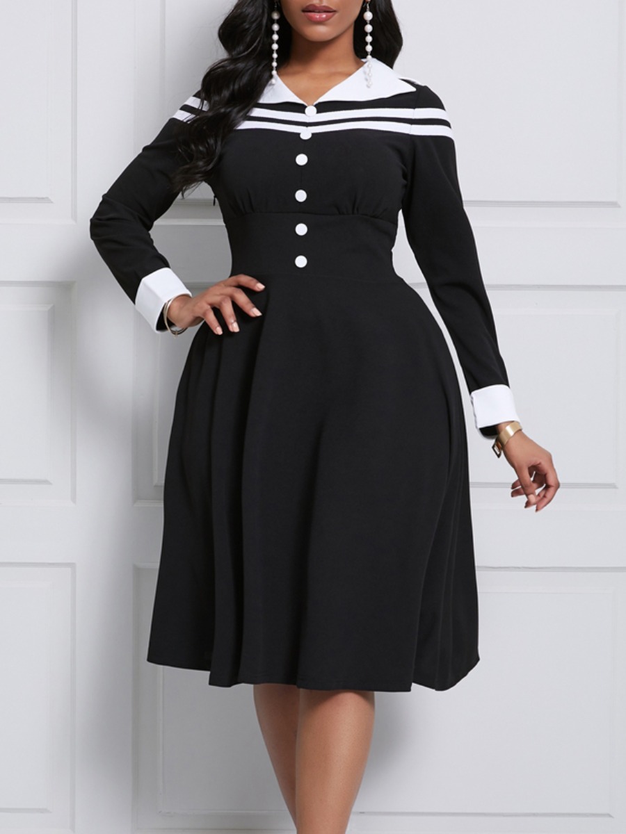 

lovely Sweet Single Breasted Patchwork Black Knee Length Dress