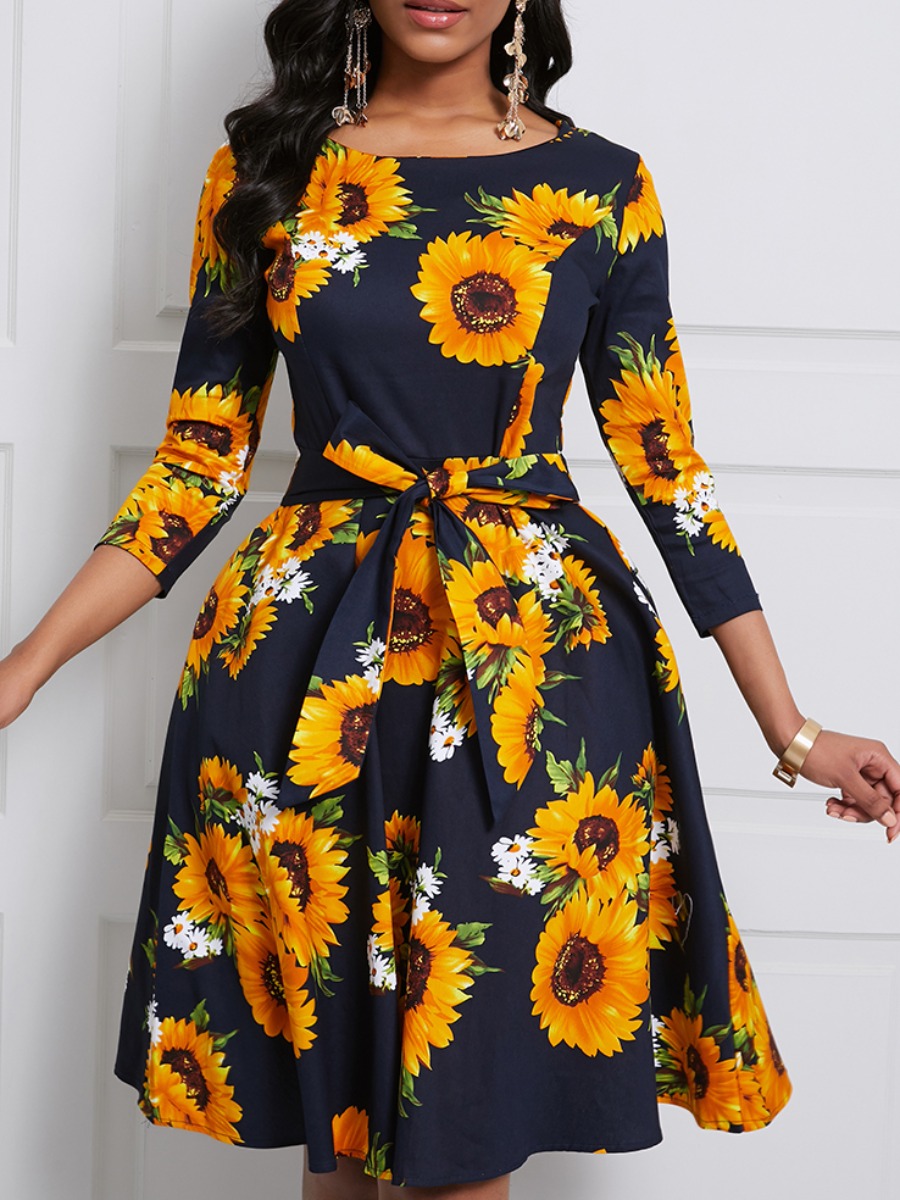 

lovely Trendy O Neck Floral Print Navy Blue Knee Length Dress