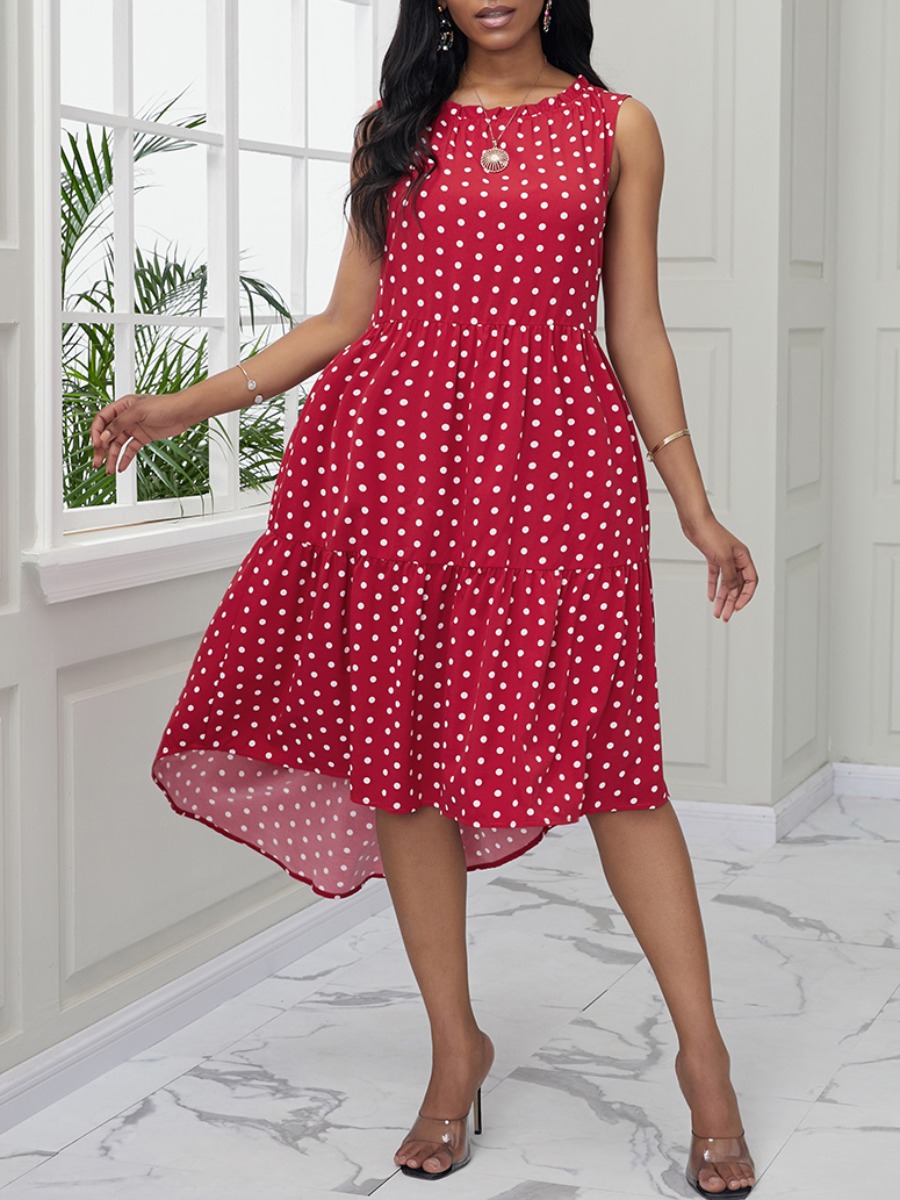 

lovely Sweet O Neck Dot Print Red Mid Calf Dress