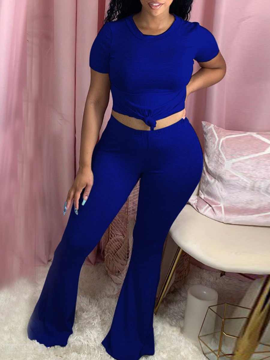 

lovely Leisure O Neck Basic Skinny Royalblue Two Piece Pants Set