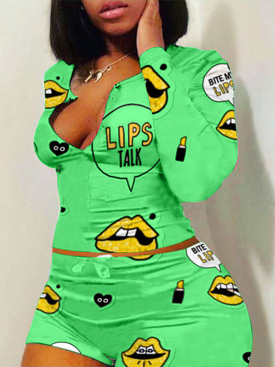 

LW Plus Size Sportswear Lip Print Green Two-piece Shorts Set