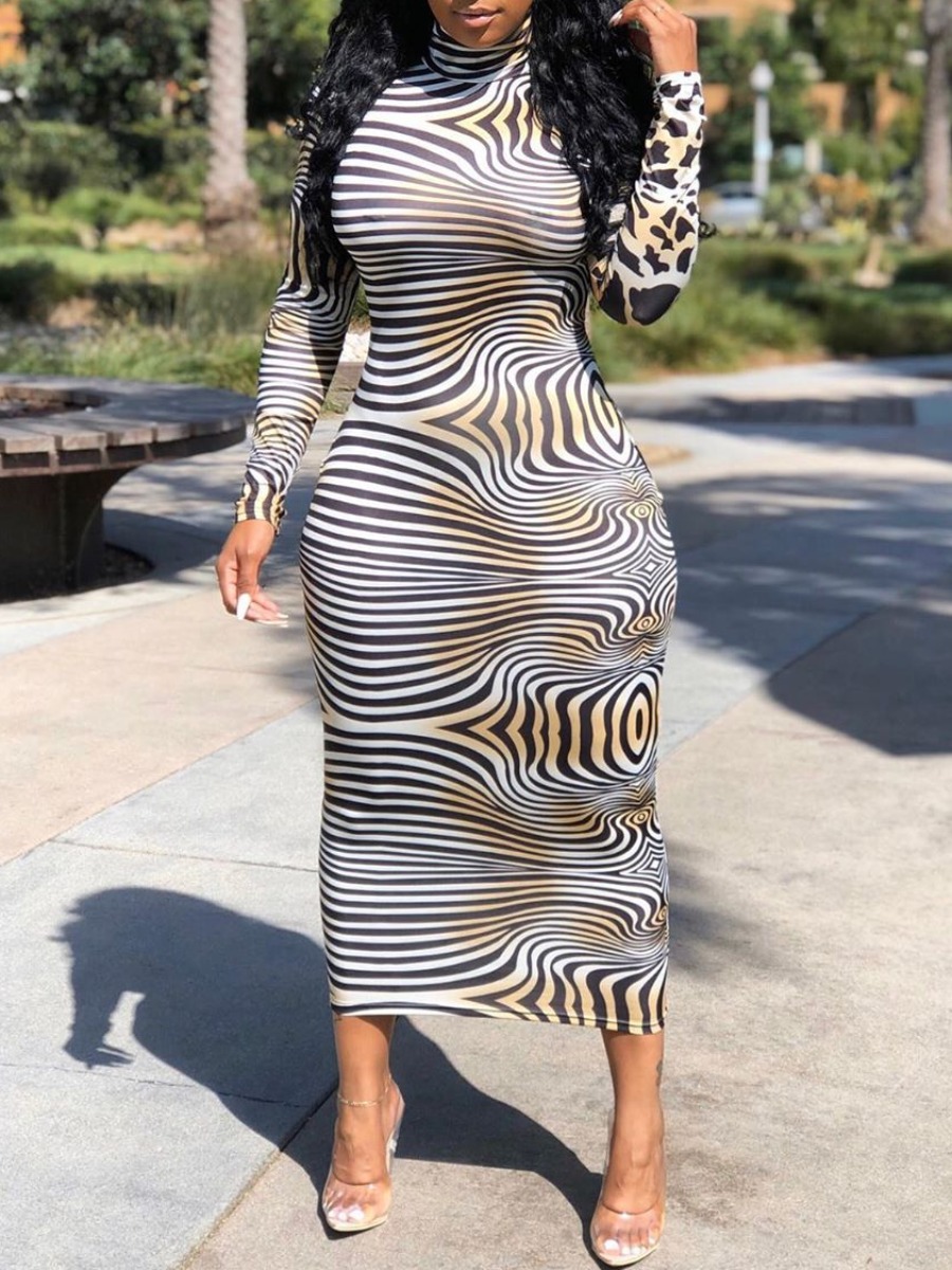 

lovely Trendy Zebra Stripe Patchwork Skinny Mid Calf Dress