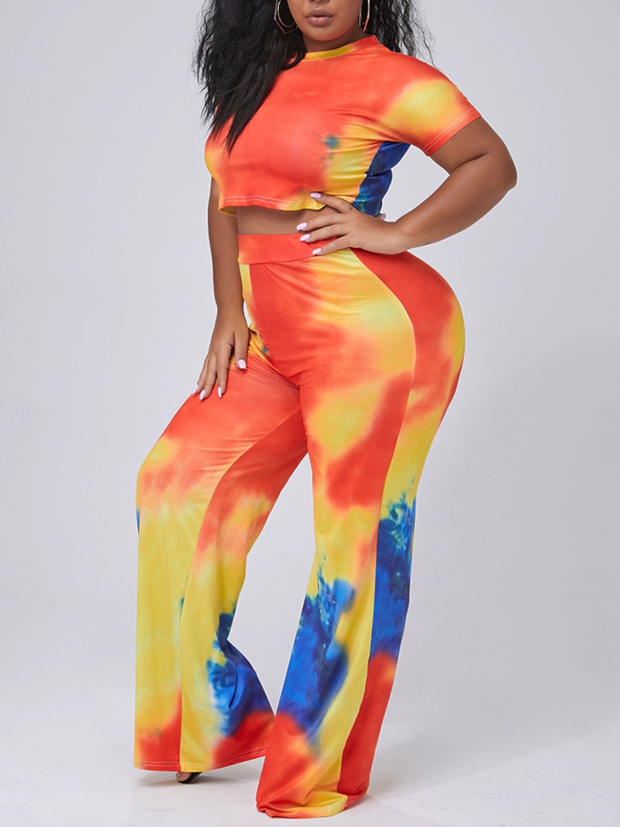 

lovely Casual O Neck Tie-dye Orange Plus Size Two-piece Pants Set